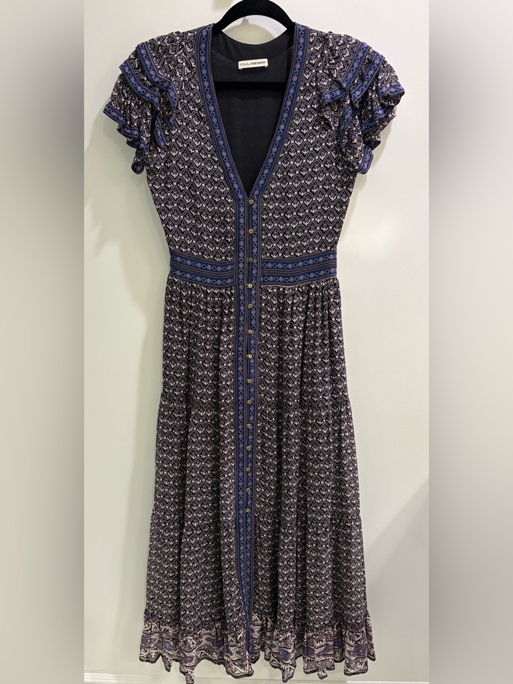 Ulla Johnson Blue Patterned V-Neck Midi Dress